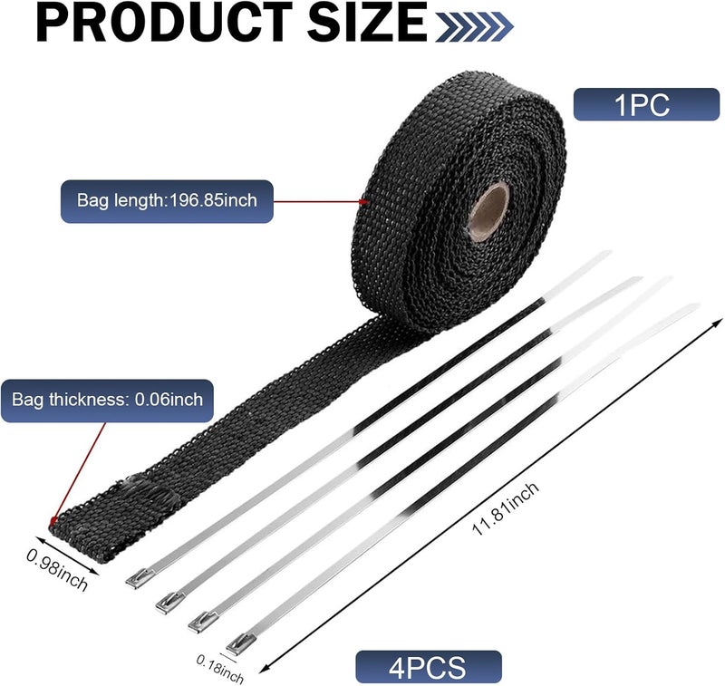 Bawkars Car Exhaust Heat Wrap, 196" Motorcycle Fiberglass Heat Resistant Fabric Shield Tape, Fiber Heat Insulation Tape, Universal Cuttable Protective Modification (Black) - Image 2